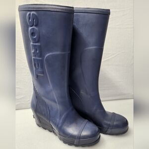 Rare Sorel Joan Rain Tall Wedge Boots Navy Blue Gorpcore Sz 9 READ DESC Scuffed